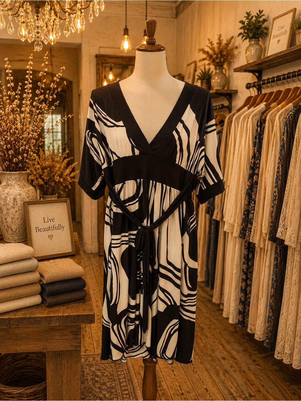 Speechless Black & White Abstract Wrap Midi Dress